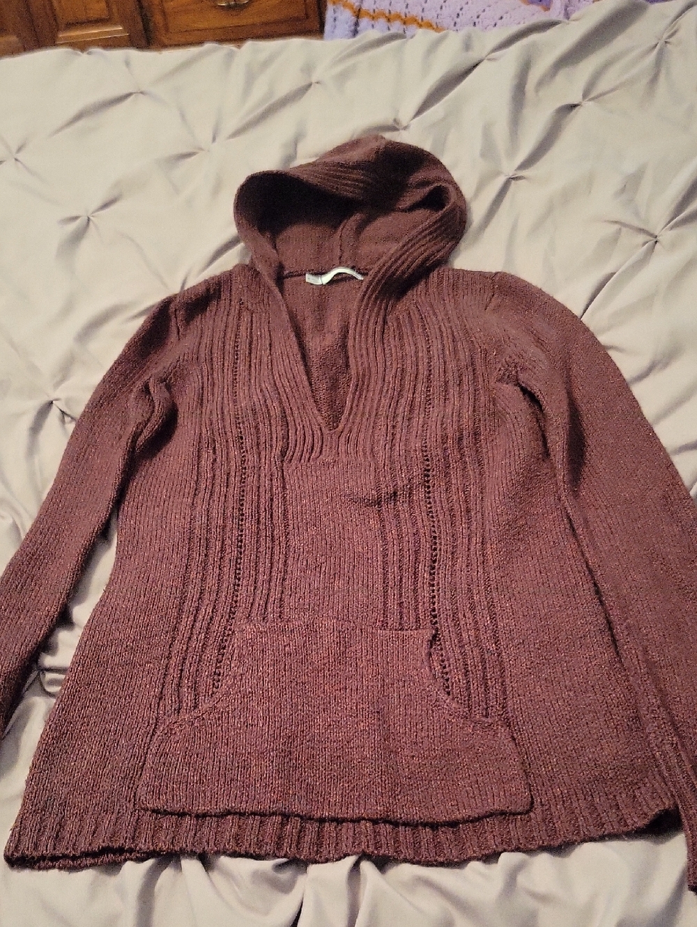 Maurices Brown Hooded V-Neck Knit Sweater
